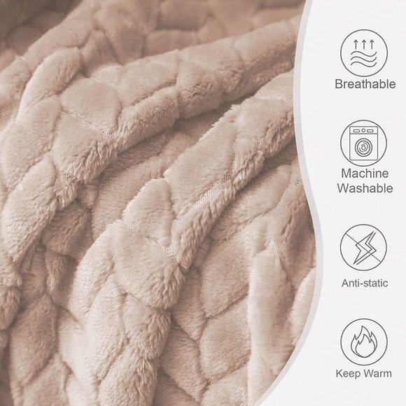 Tan/Beige Neutral Knit Jacquard Weave Pattern Decorative Warm Flannel Blanket - Picture 5 of 16